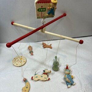 VTG 60's Irmi Wooden Zoo Nursery Crib Mobile w/Music Box Decoration Only